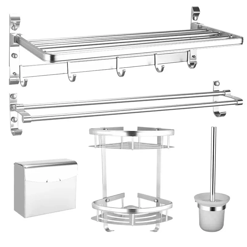5Pcs Bright Polished Space Aluminum Bathroom Hardware Set, Wall Mount Bathroom Towel Rack & Storage Kit