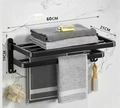 Matte Black Foldable Bathroom Towel Rack, 60cm Wall Mount Towel Shelf with Hooks