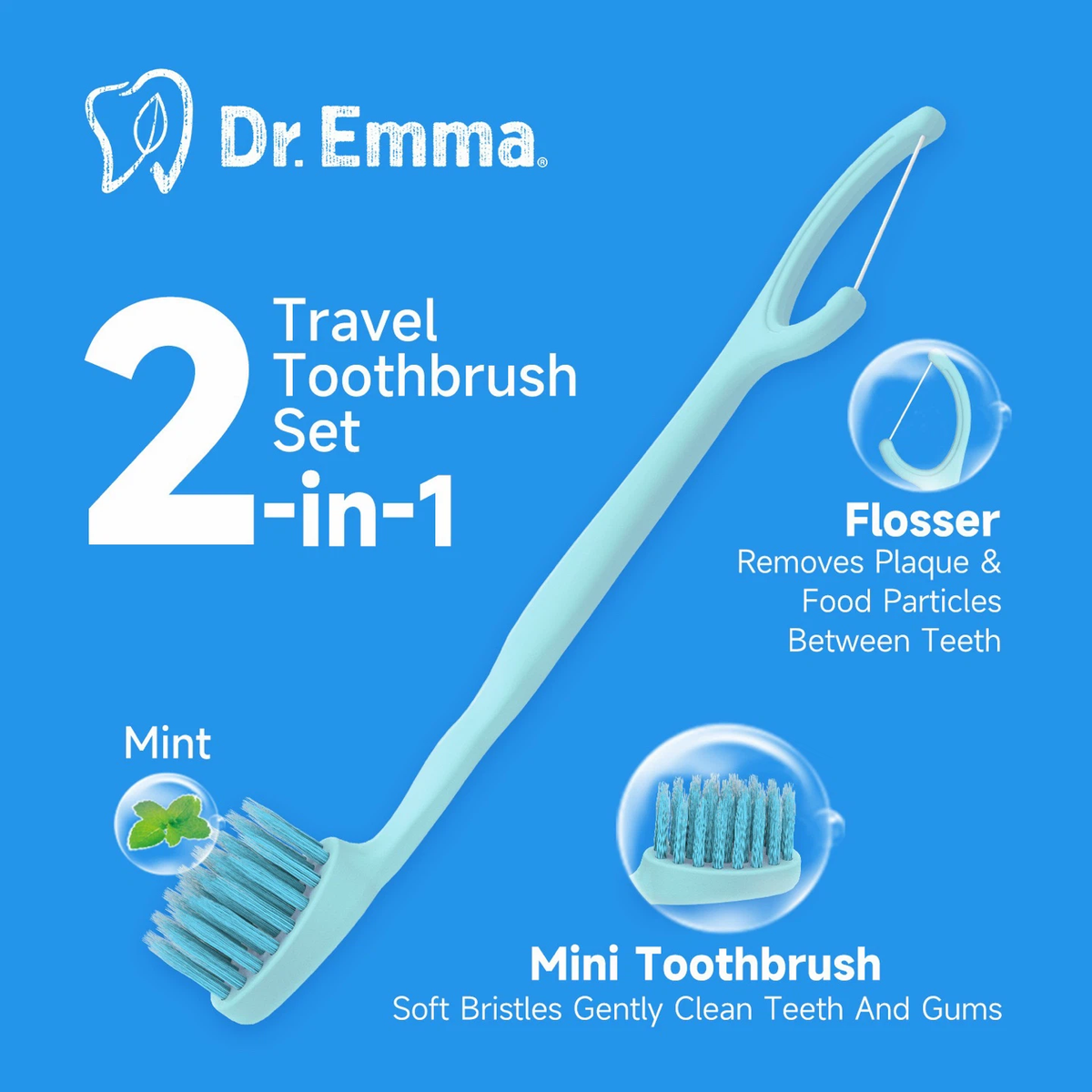 Dr.Emma 2‑in‑1 Portable Disposable FlossBrush, 24 Pack No‑Rinse Travel Oral Care